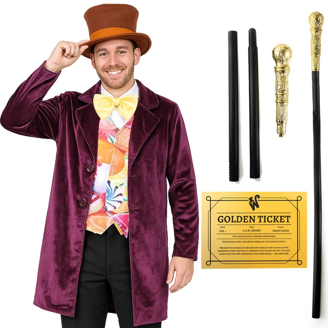 Adults Chocolate Factory Boss Costume | Golden Ticket & Cane Set