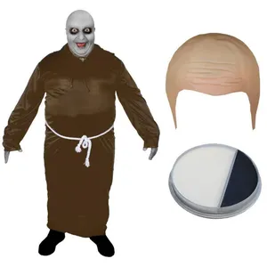 Adults Bald Festering Uncle Costume | 3 Pcs | Brown Robe, Bald Cap & Face Paint
