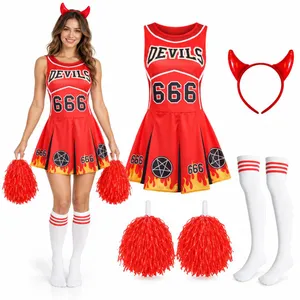 Devil Cheerleader Costume Set | Dress, Pom Poms, Socks & Horns