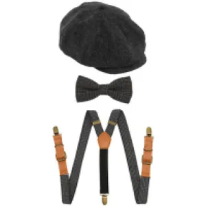 Childs Grey Flat Cap with Tweed Suspenders Braces and Bow Tie