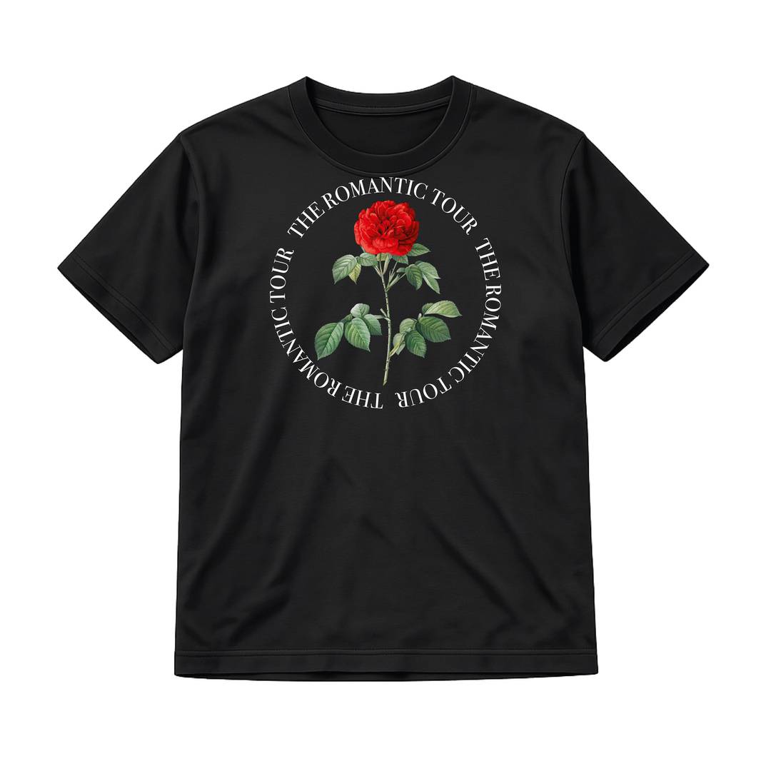 Adults Romantic Tour 2026 T-Shirt - White Cotton Unisex Concert Tee with Rose Circle Graphic - Mens Womens Wembley Music Gig Stadium Show Festival Hen Party Fan Merch Outfit