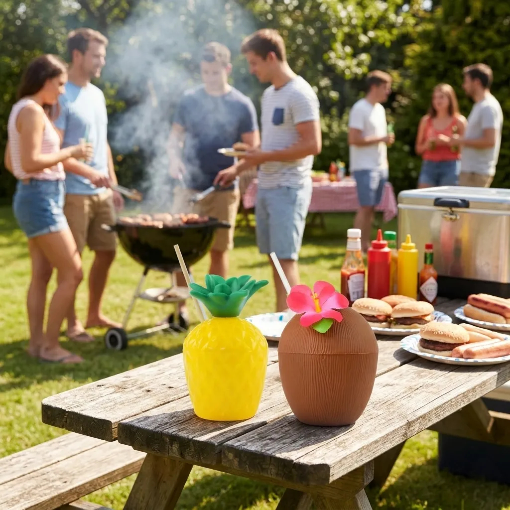 Summer party tableware with tropical cups, tumblers and colourful beach party decorations