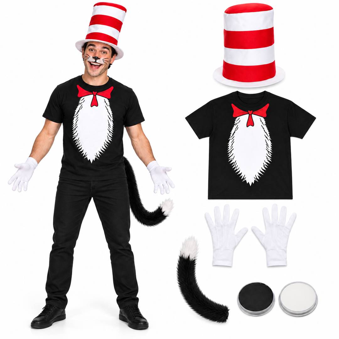 Adults Crazy Cat Costume | Red Bow T-Shirt, Striped Hat & Tail