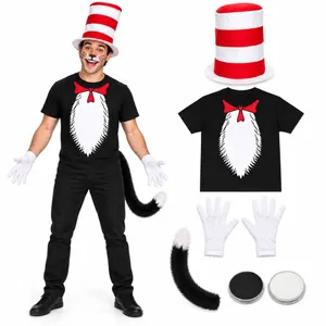 Adults Crazy Cat Costume | Red Bow T-Shirt, Striped Hat & Tail
