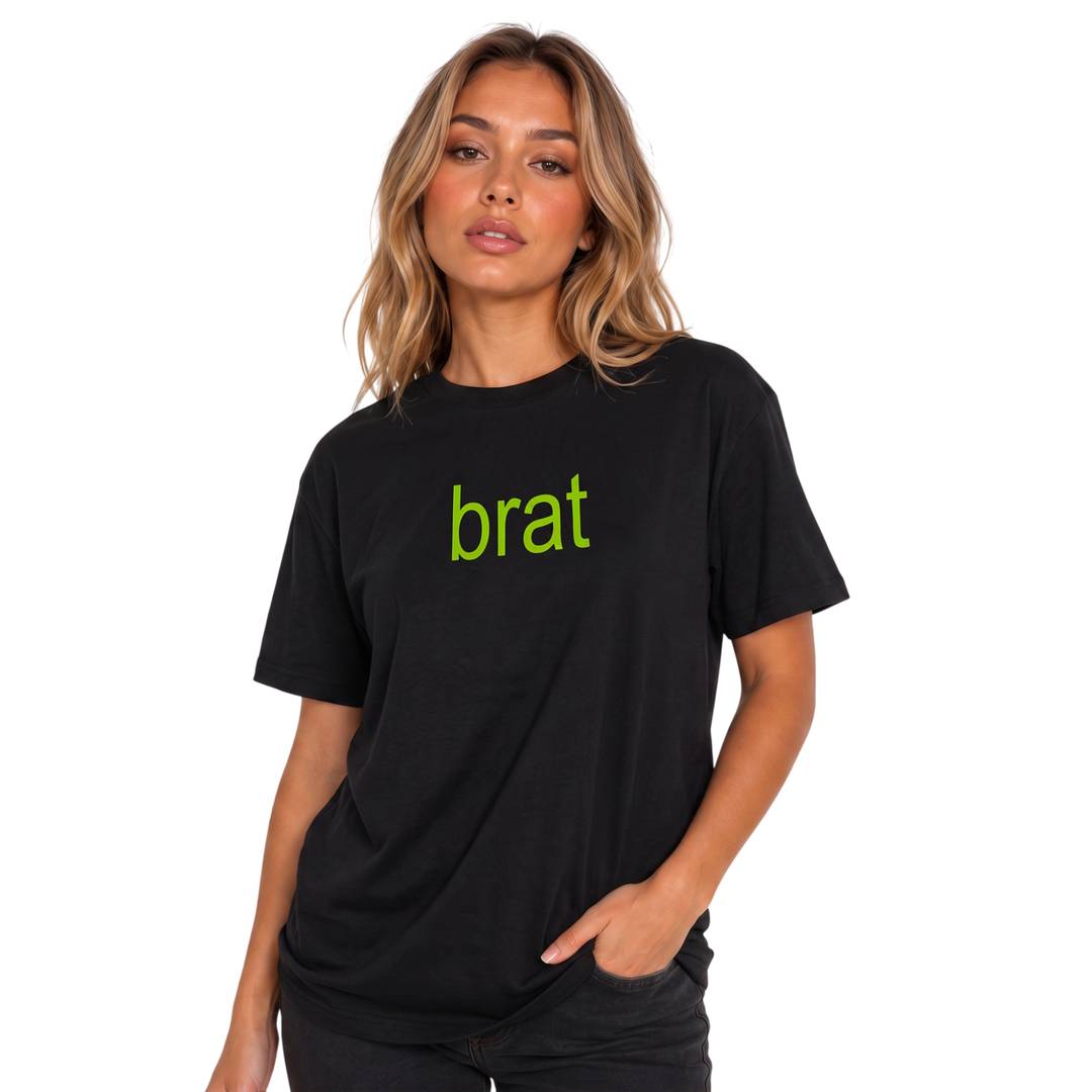 Womens Y2K Black T-Shirt Bold Green Text Print - Concert Festival Top