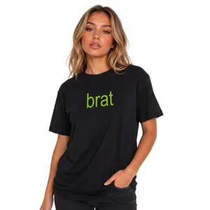 Womens Y2K Black T-Shirt Bold Green Text Print - Concert Festival Top