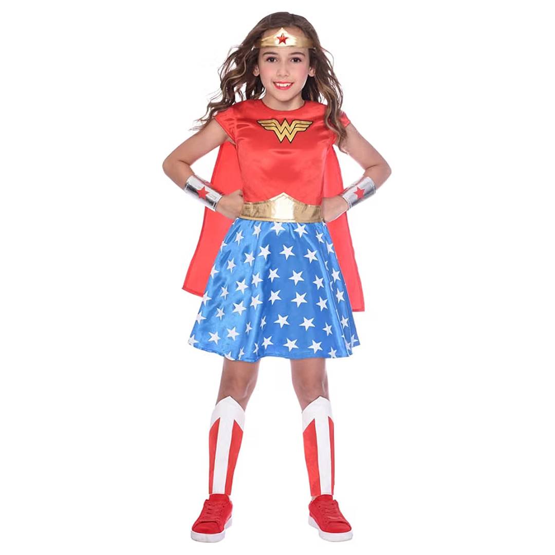 Girls Superhero Fancy Dress Costume | Red Caped Top Blue Star Skirt
