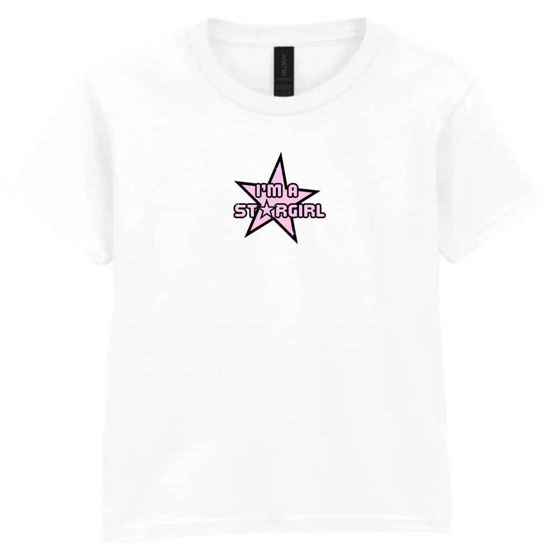 Ladies White Baby Tee | I'm A Stargirl Weekend Cropped Y2K Slogan Top | 100% Cotton with Pink Gilded Print