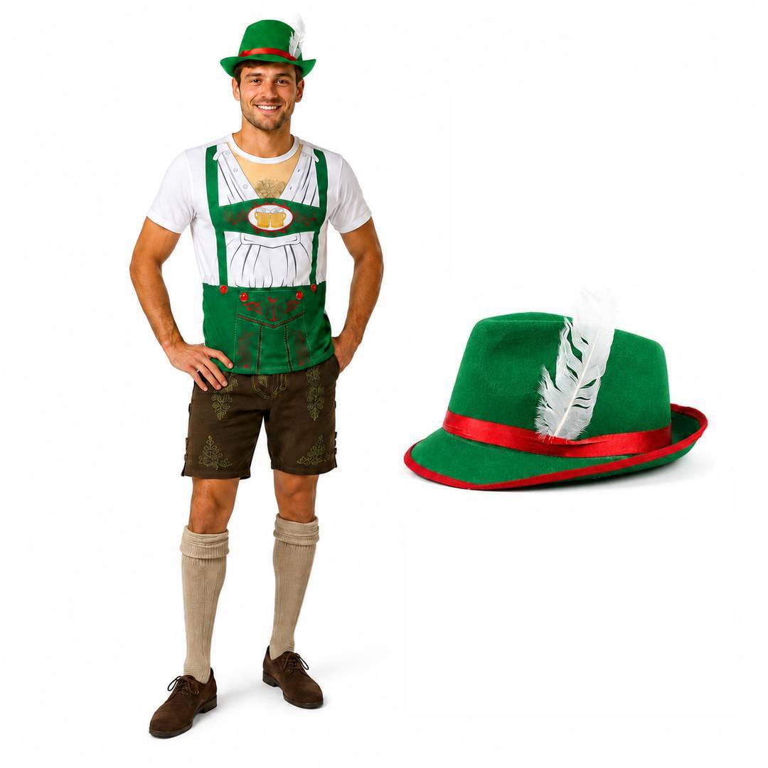 Mens Oktoberfest Costume Set - Green Bavarian T-Shirt and Feather Hat