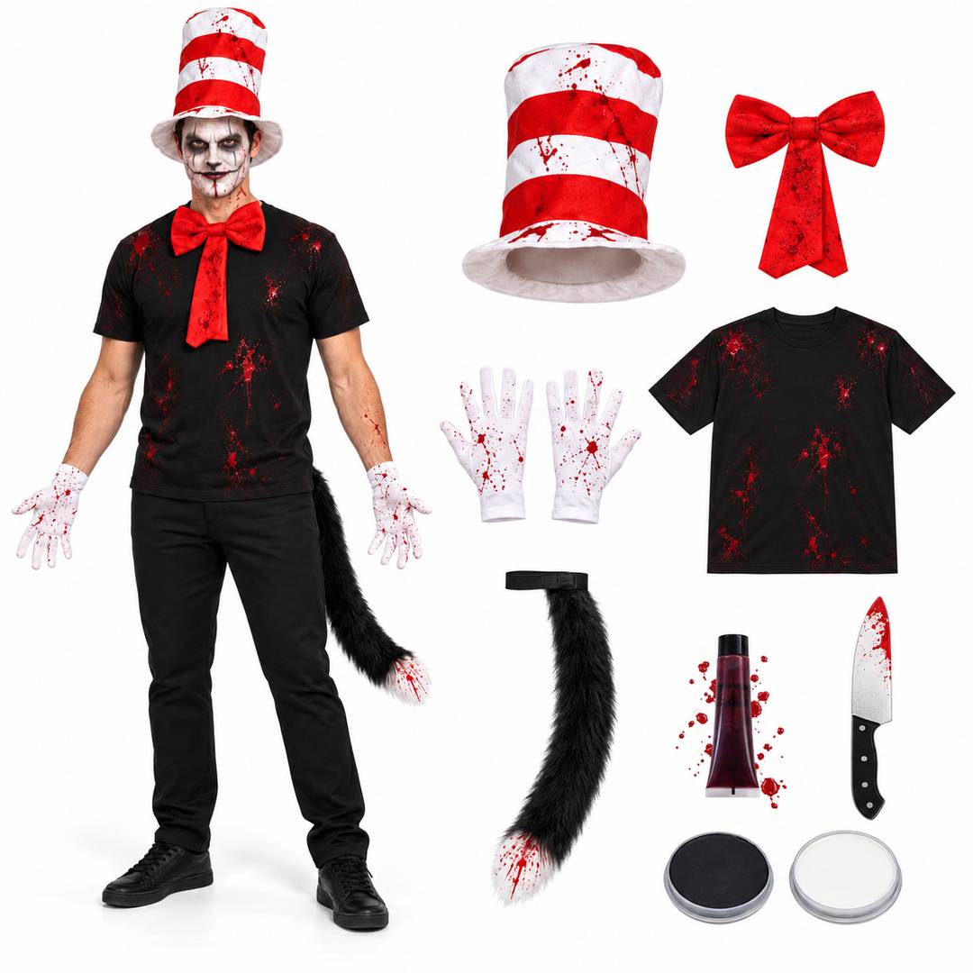 Mens Killer Cat Halloween Costume | Striped Hat Fancy Dress Set