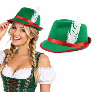 Oktoberfest Bavarian Hats - Green & Red Bavarian Hat with Feather Detail - Adults German Oktoberfest Tyrolean Hat