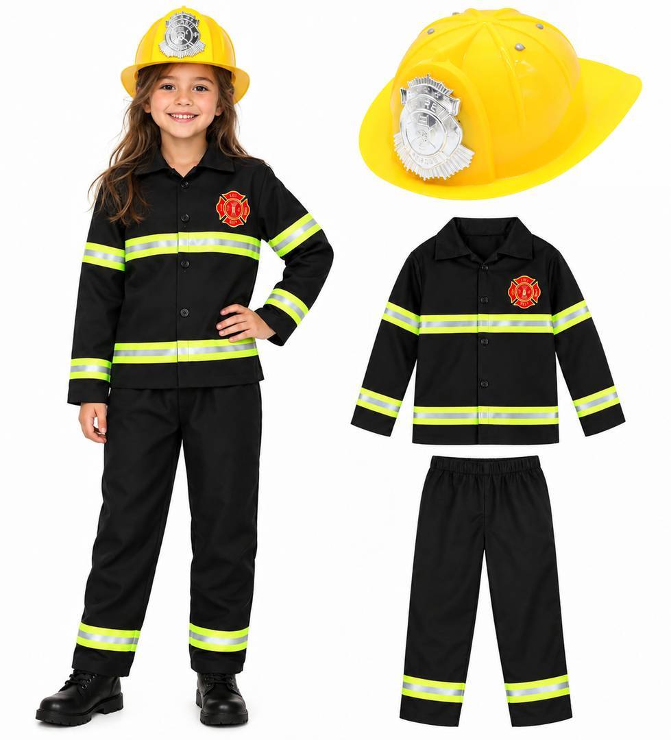 Girls Fireman Costume | Kids Fancy Dress Fireman Outfit with Helmet