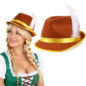 Ladies Oktoberfest Bavarian Hat Brown X 1 with Yellow Band & Feather Detail - Tyrolean Felt - Trilby - Fancy Dress Headwear
