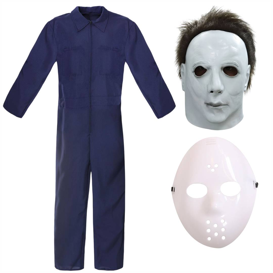 Adult 2-in-1 Halloween Costume | Navy Boiler Suit + 2 Horror Killer Masks | Complete Fancy Dress Set