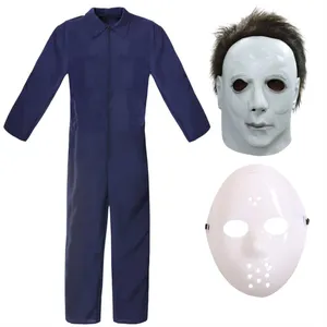 Adult 2-in-1 Halloween Costume | Navy Boiler Suit + 2 Horror Killer Masks | Complete Fancy Dress Set