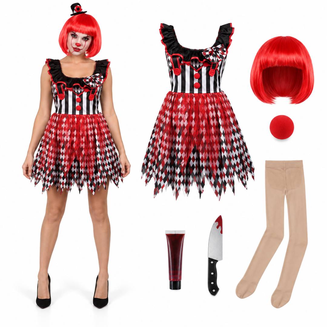 Womens Killer Clown Halloween Costume | Adult Scary Fancy Dress Outfit