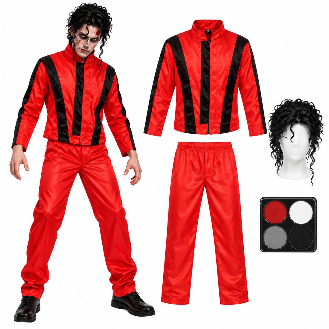 Mens 80s Zombie Dance Halloween Costume | Jacket Wig Face Paint