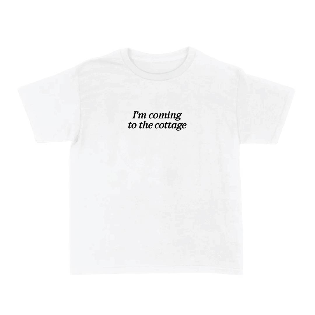 Womens I'm Coming to the Cottage Baby Tee | Fitted White Cotton Slogan T-Shirt | TV Show Fan Top