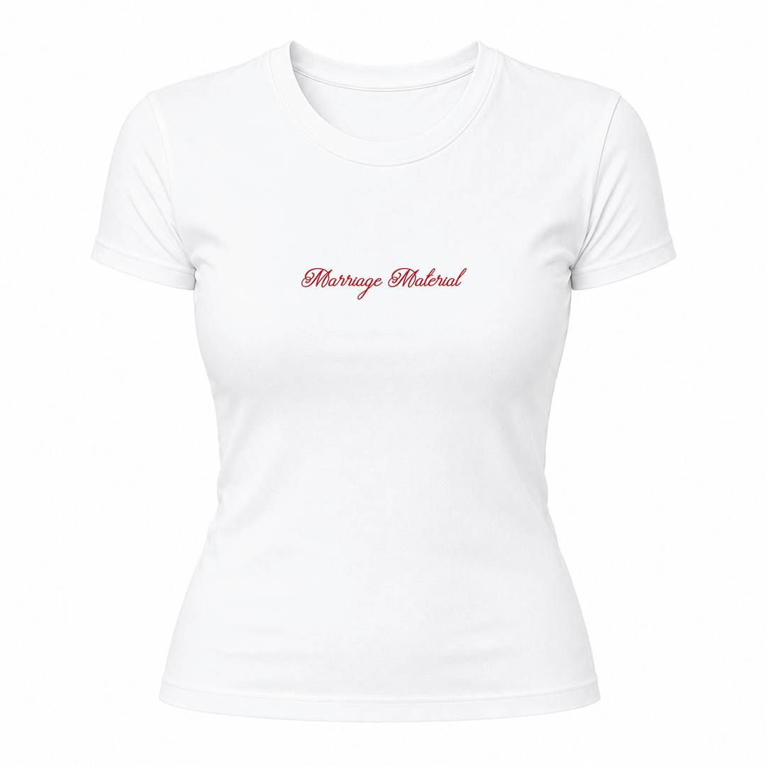 Ladies Marriage Material Baby Tee | Fitted Y2K White Cropped T-Shirt | Red Gilded Slogan Print in 100% Cotton