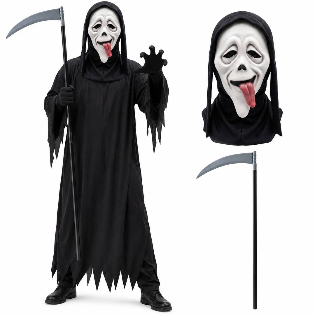 Adult Halloween Ghost Mask & Scythe Set | Grim Reaper Costume Prop