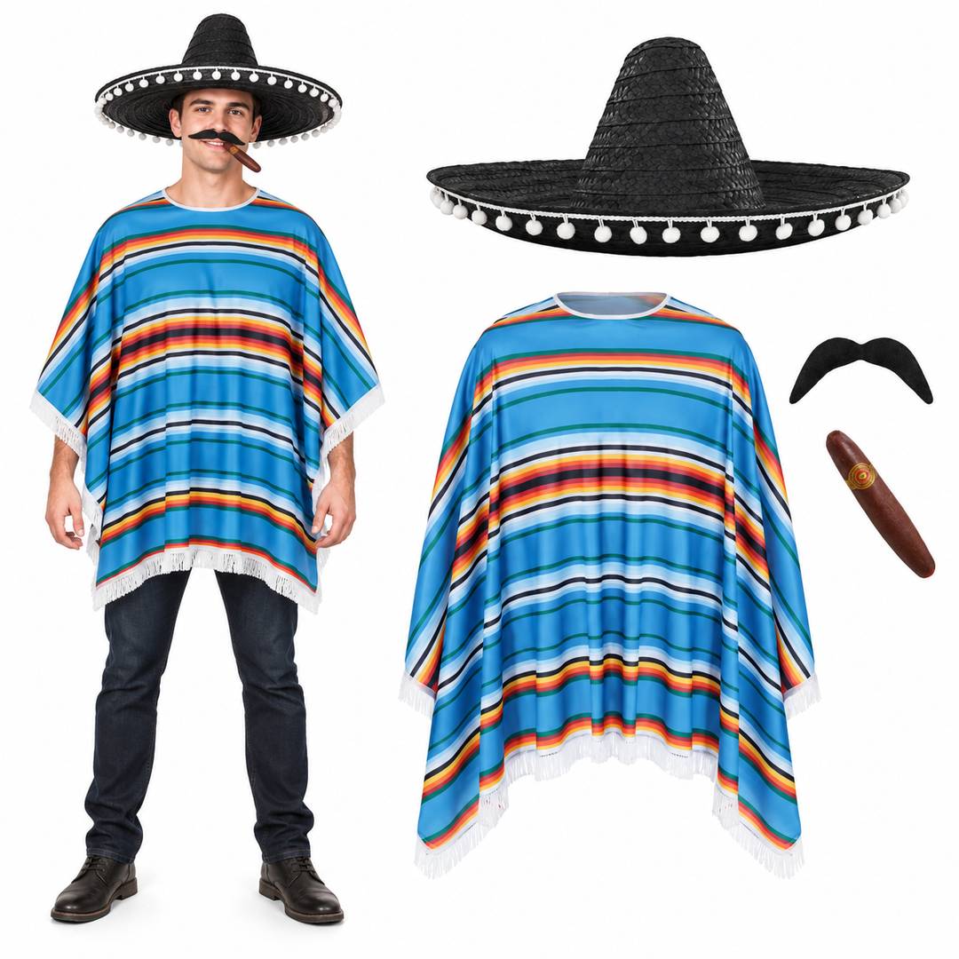 Adult Mexican Fancy Dress Costume Set | Black Poncho Sombrero Tash Cigar – Group Darts Stag Fancy Dress