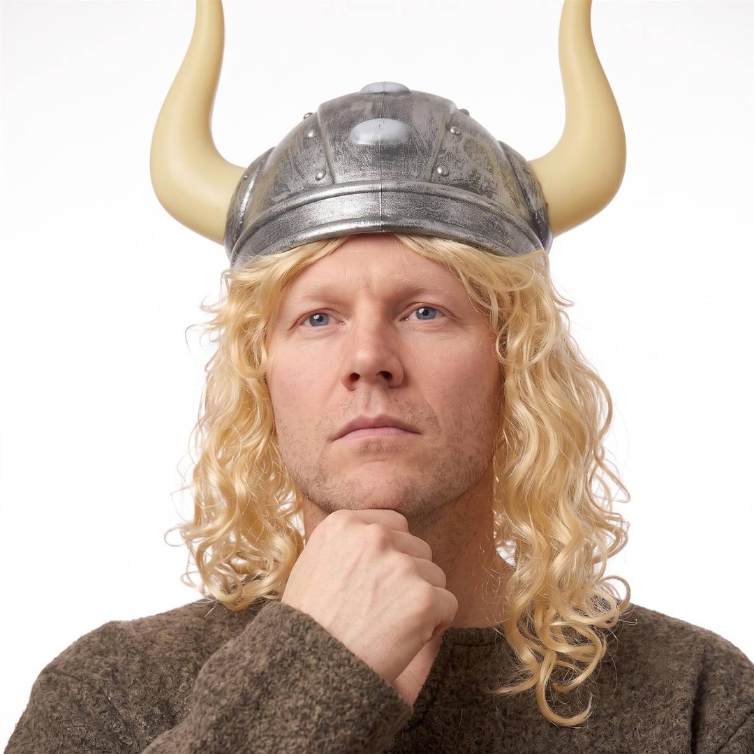 Adults Norway Viking Supporter Costume | 2 Piece Set | Gold Horned Helmet & Separate Blonde Plait Wig