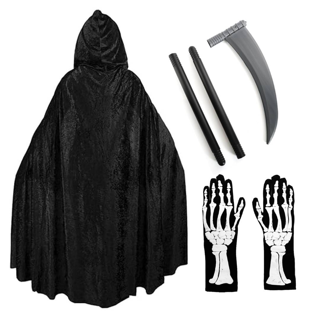 Adult Grim Reaper Costume | Halloween Cape Gloves Scythe Set