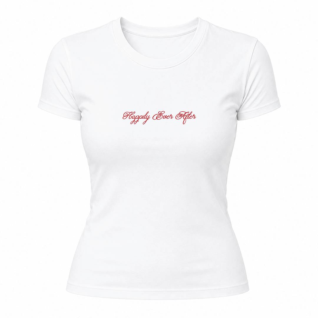 Ladies Happily Ever After Bride Baby Tee - White Fitted Short Sleeve T-Shirt with Red Gilded Slogan Print - Womens Adults Hen Do Bridal Shower Bachelorette Wedding Party Top
