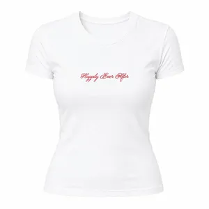 Ladies Happily Ever After Bride Baby Tee - White Fitted Short Sleeve T-Shirt with Red Gilded Slogan Print - Womens Adults Hen Do Bridal Shower Bachelorette Wedding Party Top