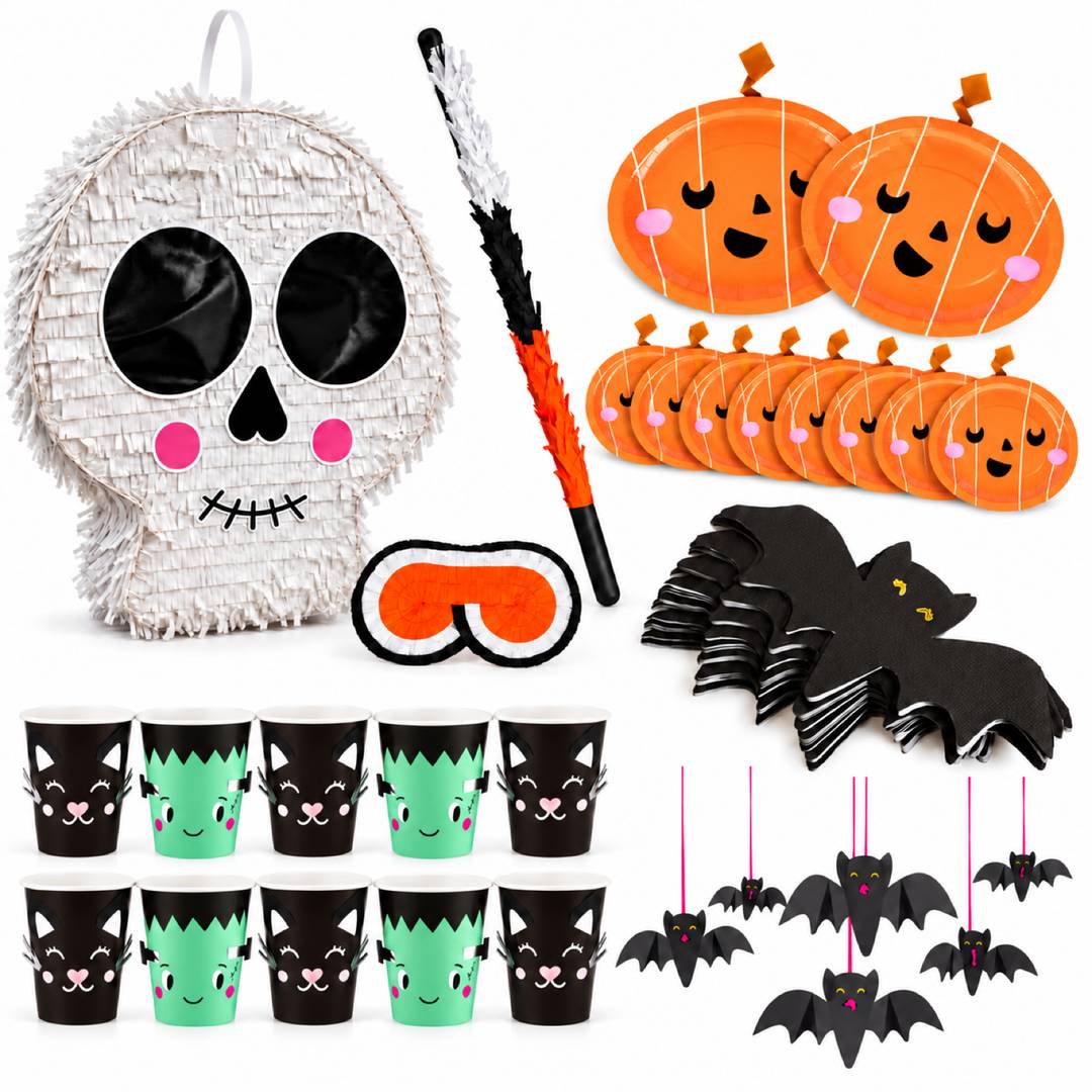 Halloween Party Bundle 49pc | Skeleton Pinata Plates Cups Napkins Set