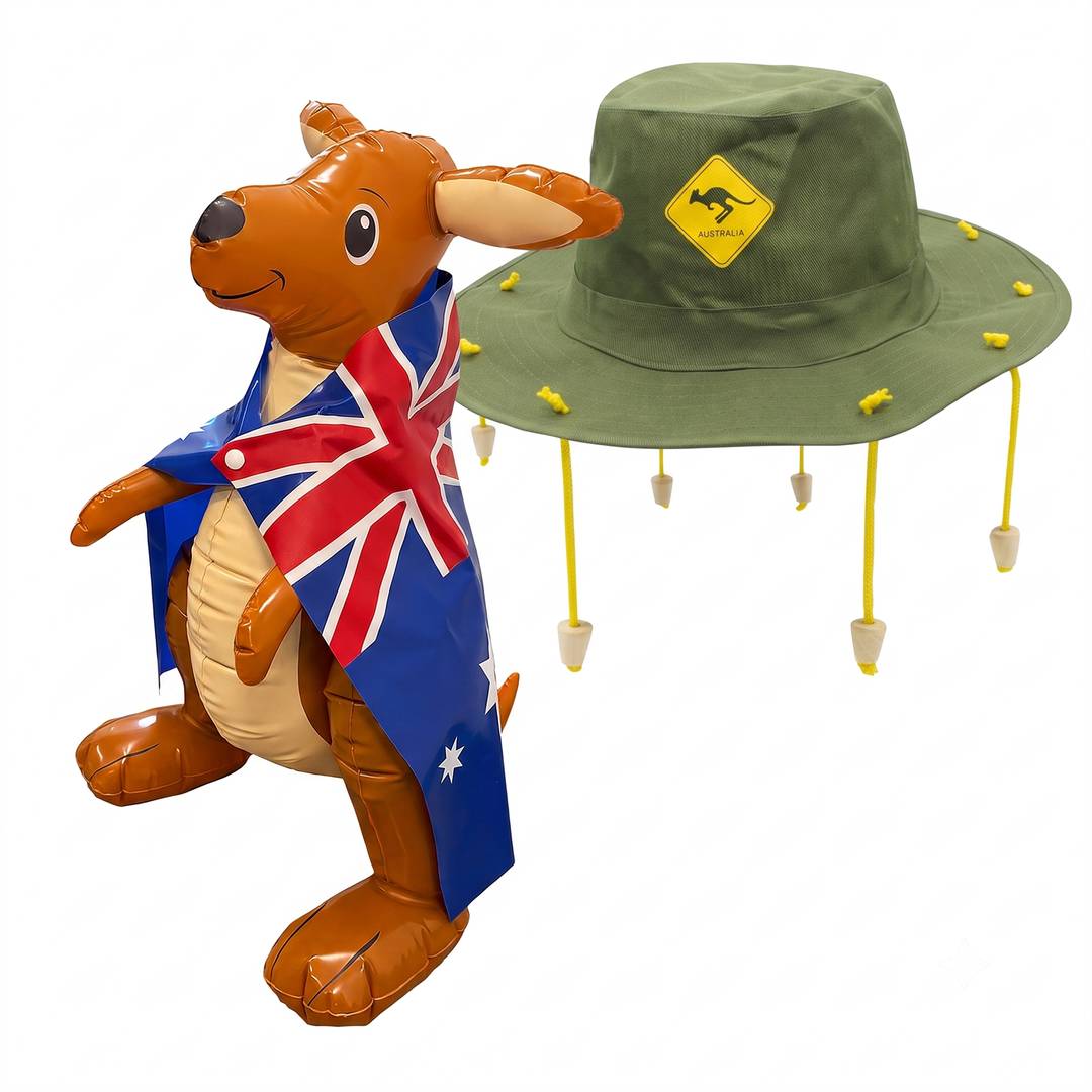 Inflatable Kangaroo & Cork Hat Set | Australian Fancy Dress | Costume Accessory Bundle
