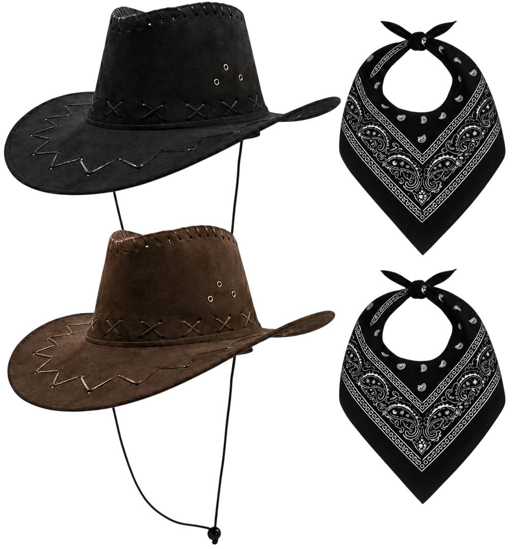Adult Cowboy & Cowgirl Hat Set | Wild West Stetson & Bandana Pack