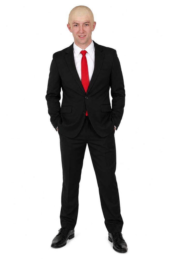 Mens Secret Agent Costume | Halloween Black Suit Tie Bald Cap