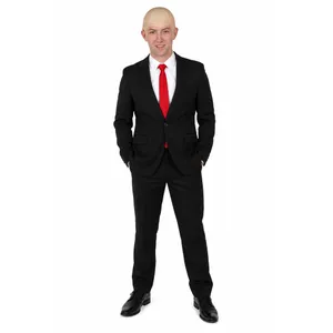 Mens Secret Agent Costume | Halloween Black Suit Tie Bald Cap