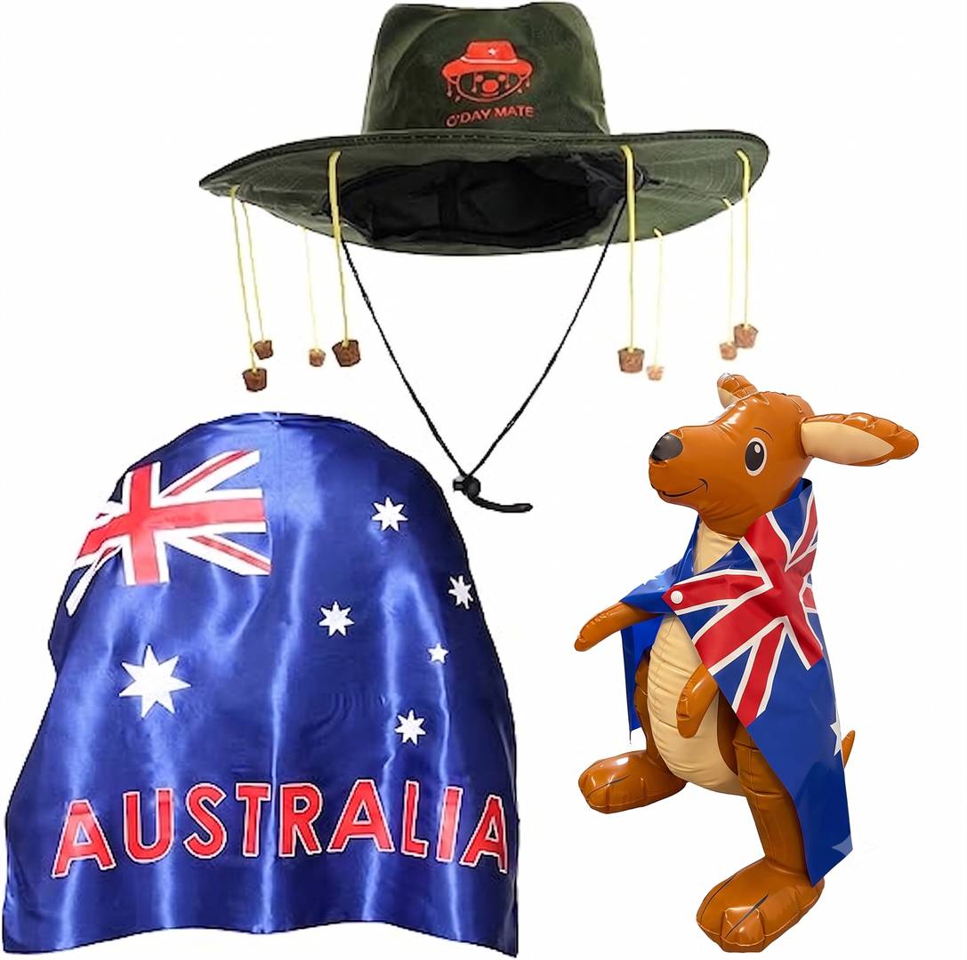 Australian Koala Cork Hat, Inflatable Kangaroo & Flag Cape | Australia Day Fancy Dress Costume Set