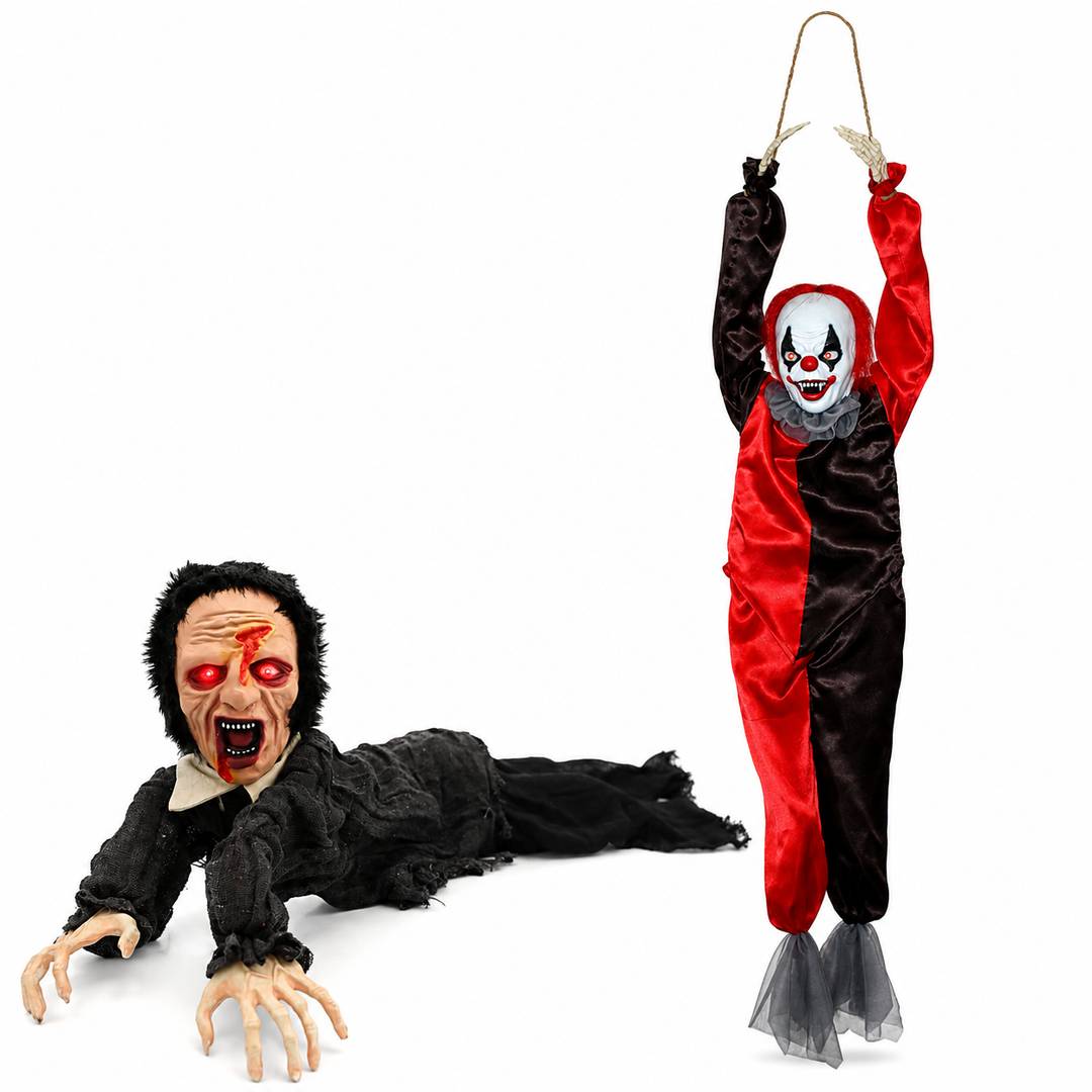 Light Up Eyes Halloween Animatronic Decorations | Clown & Zombie Prop Set