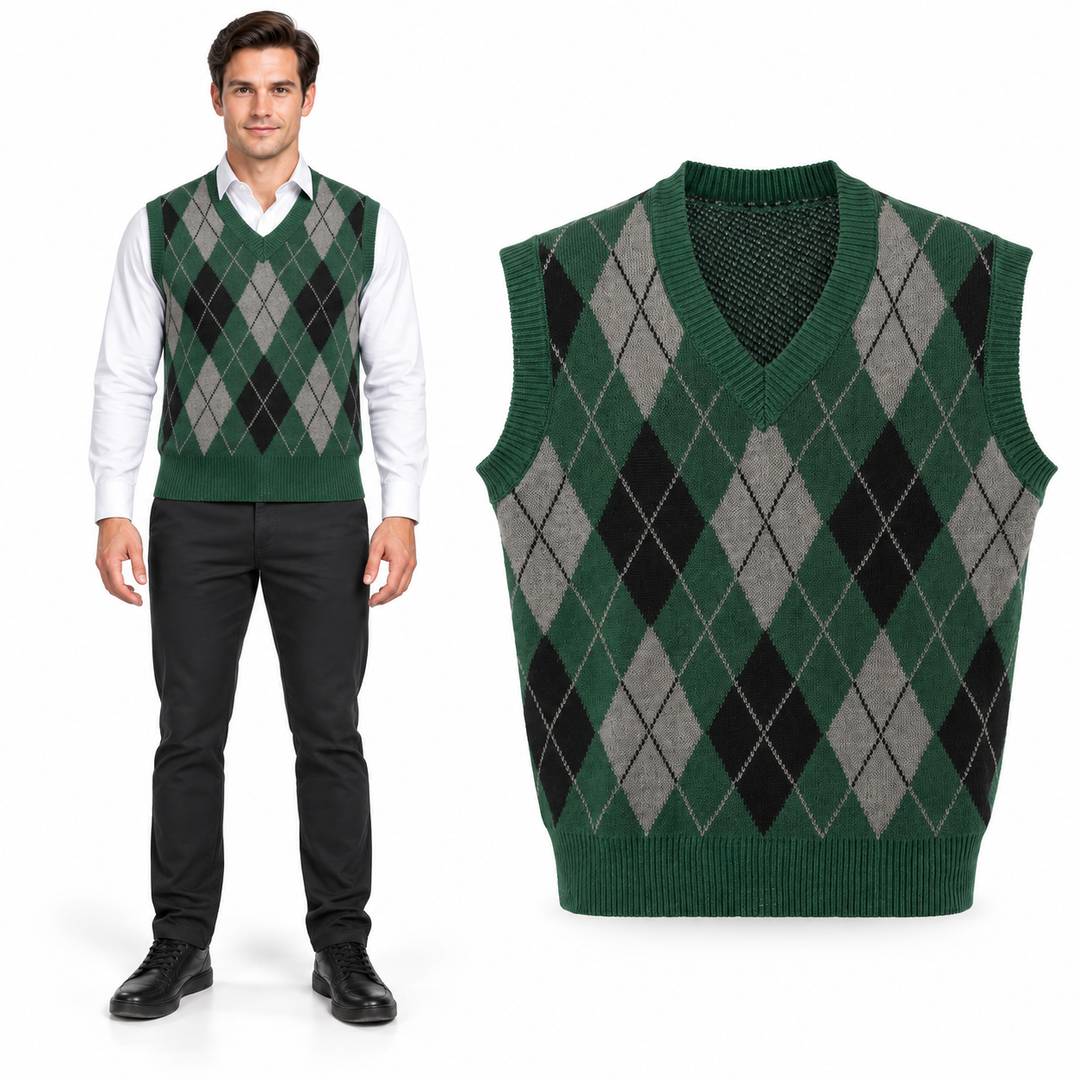 Adults Green Sweater Vest | Retro Preppy Fancy Dress Costume