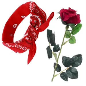 Adults Concert Costume Accessory Set | Long Stem Red Rose Flower & Red Paisley Bandana | 2 Piece Kit