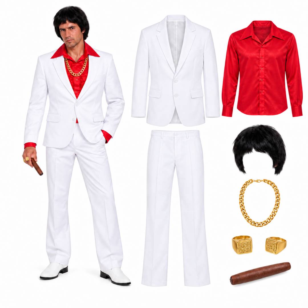 Mens 1980s Gangster Costume | White Suit Fancy Dress Outfit