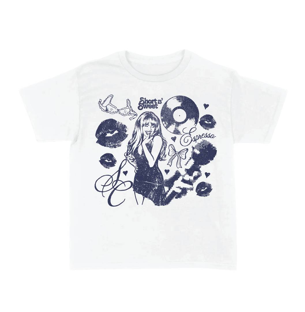 Womens Navy Concert Print Baby Tee | White Fitted Crop Gig Top