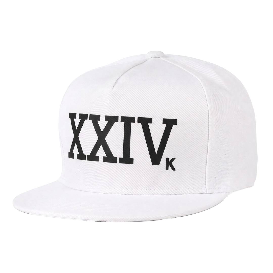 Adults White Snapback Hat | Pop Star Fancy Dress Cap with Black XXIV Print | Polyester Adjustable