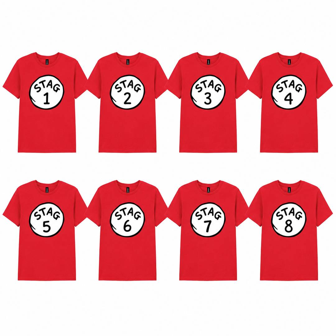 Adults Stag Do T-Shirts | Pack of 8 Matching Red Numbered Tees | STAG 1-8 Group Outfit