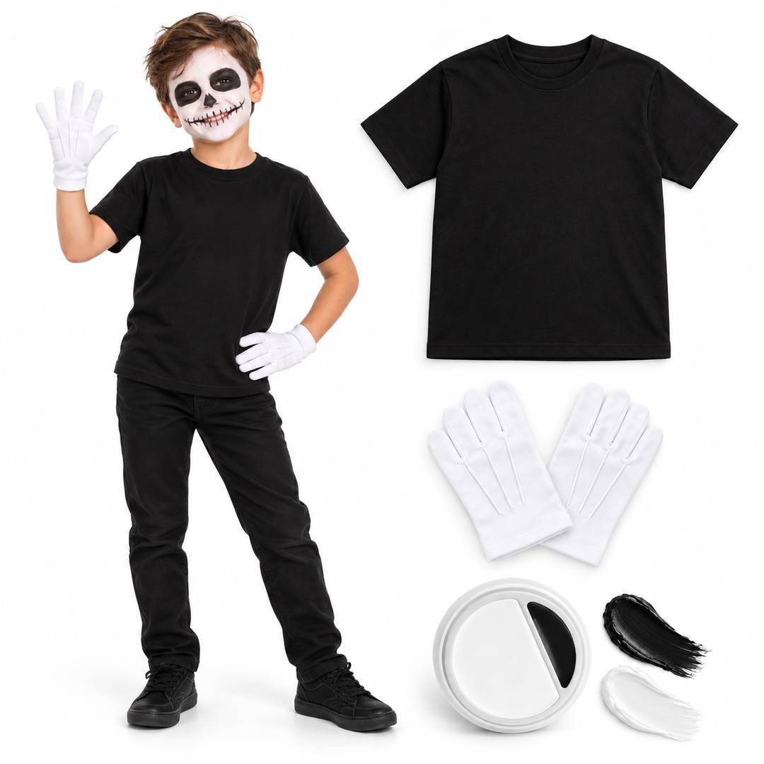 Kids Halloween Skeleton Costume Set | T-Shirt Gloves Face Paint