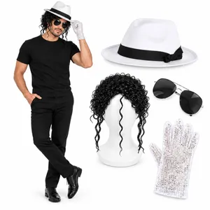 Adult 80s Pop Star Costume Set | Wig Glasses Glove Hat Fancy Dress