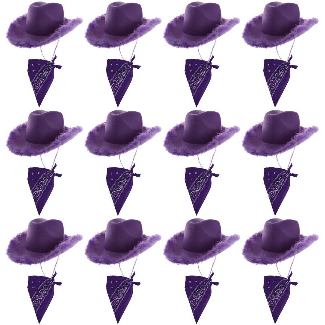 Adults Purple Cowboy Hat & Paisley Bandana Set | Marabou Feather Trim Cowgirl Accessory | 100% Polyester