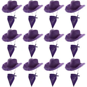 Adults Purple Cowboy Hat & Paisley Bandana Set | Marabou Feather Trim Cowgirl Accessory | 100% Polyester