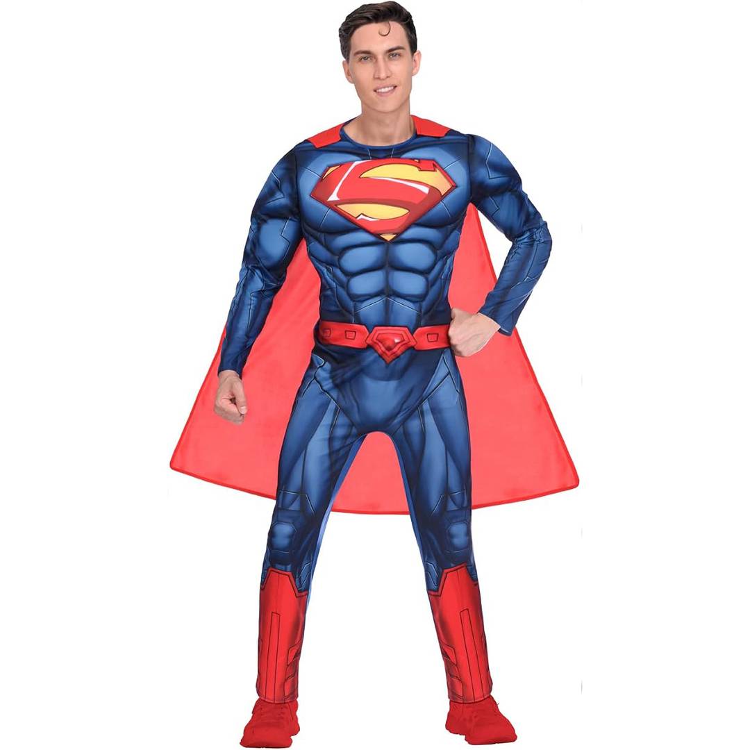 Mens Superhero Muscle Costume | Caped Fancy Dress Jumpsuit Outfit