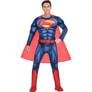 Mens Superhero Muscle Costume | Caped Fancy Dress Jumpsuit Outfit