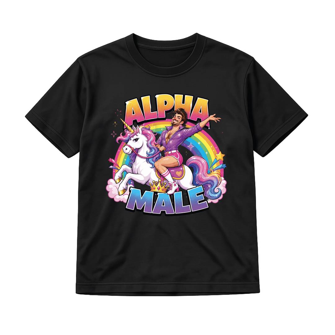 Adults Stag Do Alpha Male T-Shirt | Rainbow Unicorn Print Black Cotton Tee | Ironic Sarcastic Stag Weekend Kit