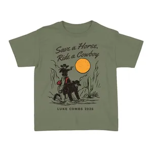 Ladies Country Cowgirl Baby Tee | Save A Horse, Ride A Cowboy Slogan | Army Green Fitted Cotton T-Shirt